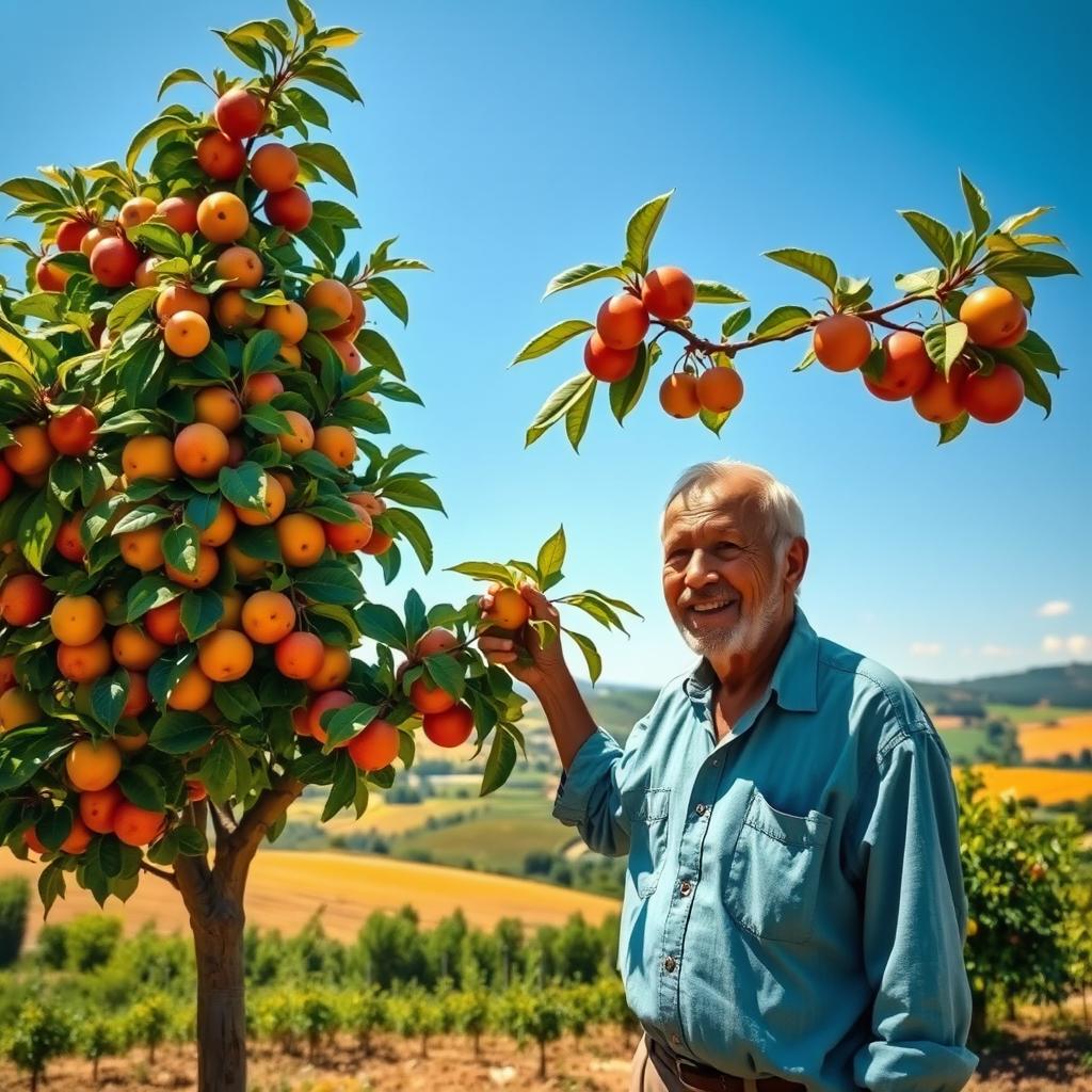 A fruit tree laden with ripe fruits, standing tall in a picturesque landscape