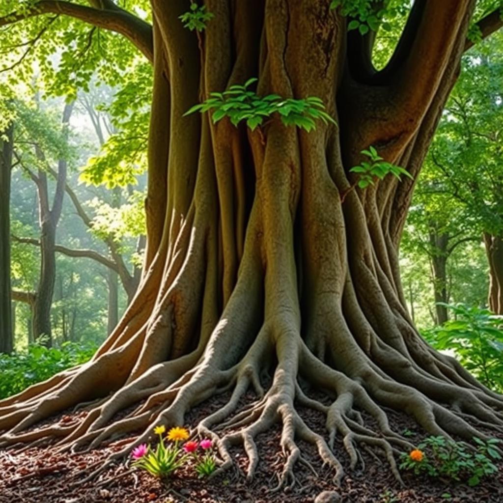 A majestic tree emerging from the ground, showcasing intricate roots spreading out and breaking through the soil