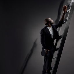 A confident black man in professional attire, climbing up a corporate ladder symbolizing progress and success