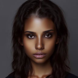 A portrait of a person with big eyes, dark hair, small ears, slim, and dark skin.