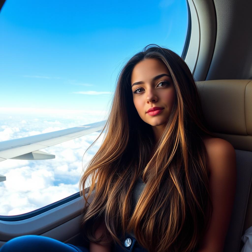 A young woman with long flowing hair, sitting by an airplane window, gazing out at the clouds below