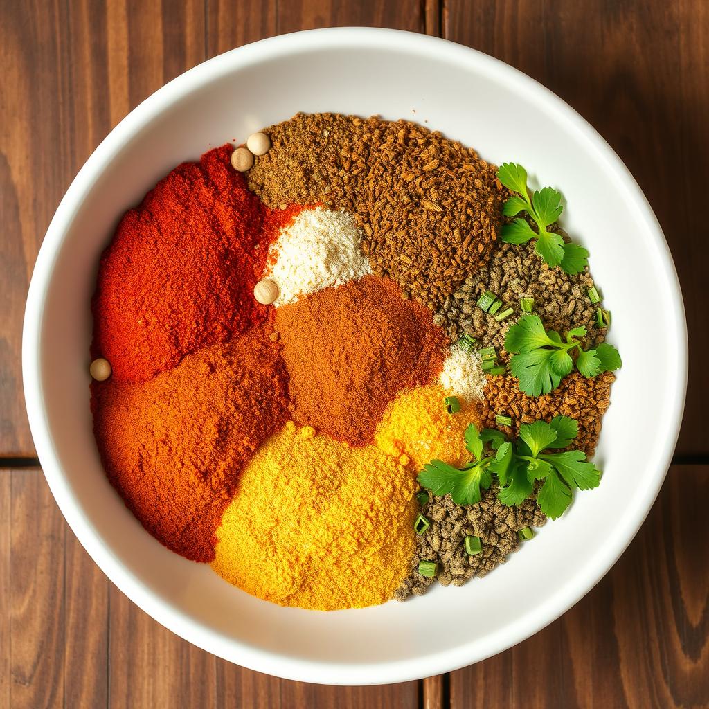 A complete display of Dominican homemade seasoning (sazón casero dominicano) beautifully arranged in a white dish
