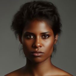 A portrait of a person with big eyes, dark hair, small ears, slim, and dark skin.