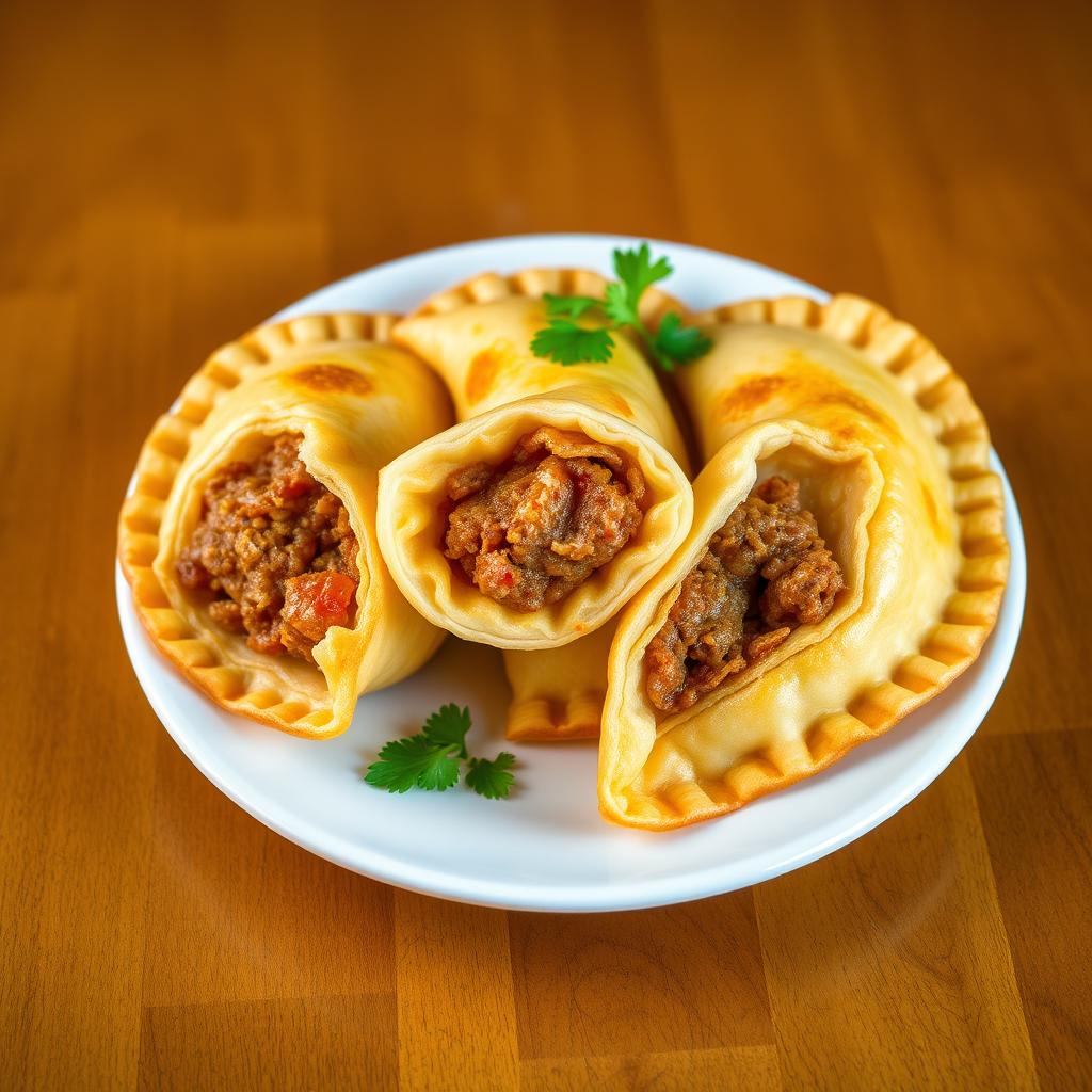 A complete display of three yuca empanadas arranged on a white plate
