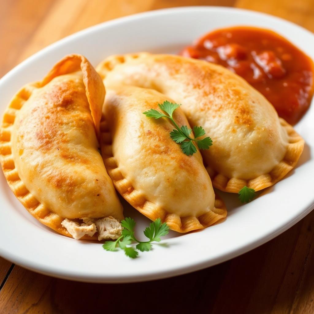 A complete display of three chicken-filled cativias (a type of empanada) arranged neatly on a white plate