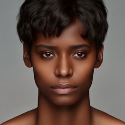 A portrait of a person with big eyes, dark hair, small ears, slim, and dark skin.