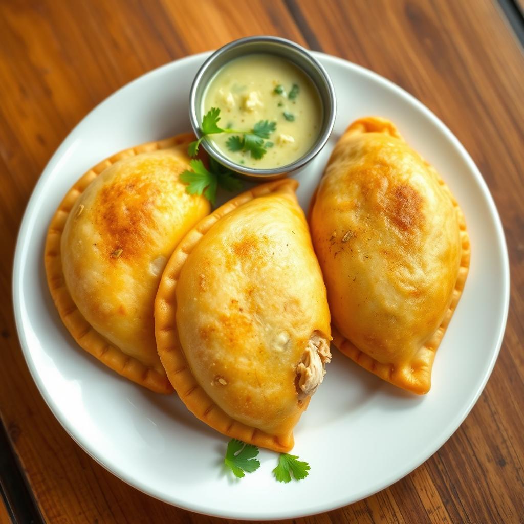 A complete display of three yuca cativias filled with chicken arranged neatly on a white plate