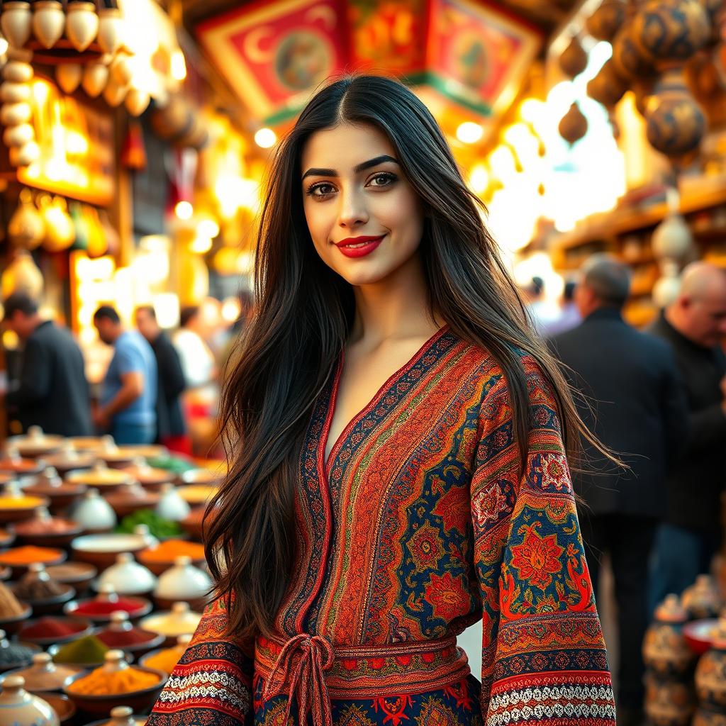 A beautiful young Turkish woman, exuding grace and confidence, standing in a lively marketplace adorned with traditional Turkish textiles and ceramics
