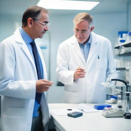 An image of a man in a white lab coat having an animated conversation with another individual in a well-equipped modern laboratory.