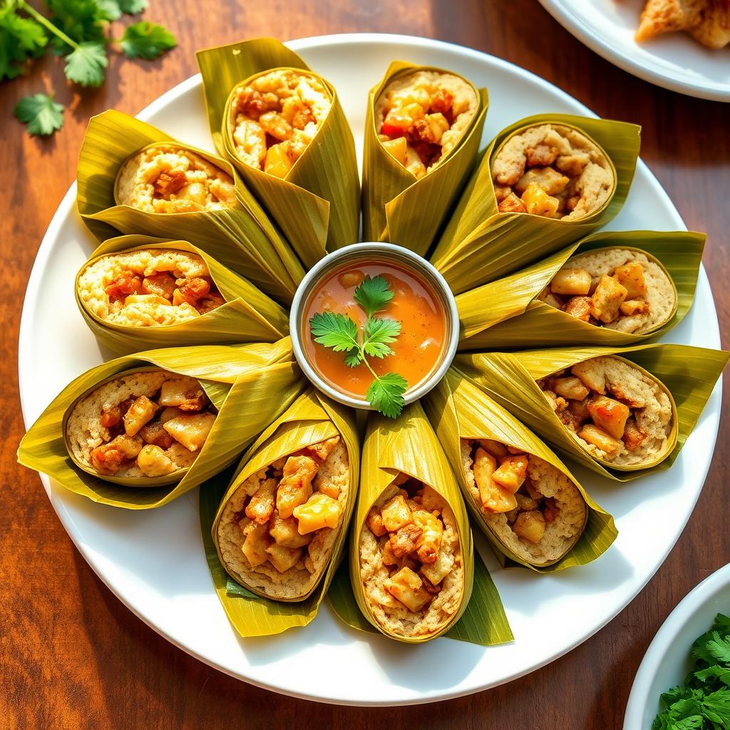 A complete display of traditional Dominican pasteles en hojas, beautifully arranged on a white plate