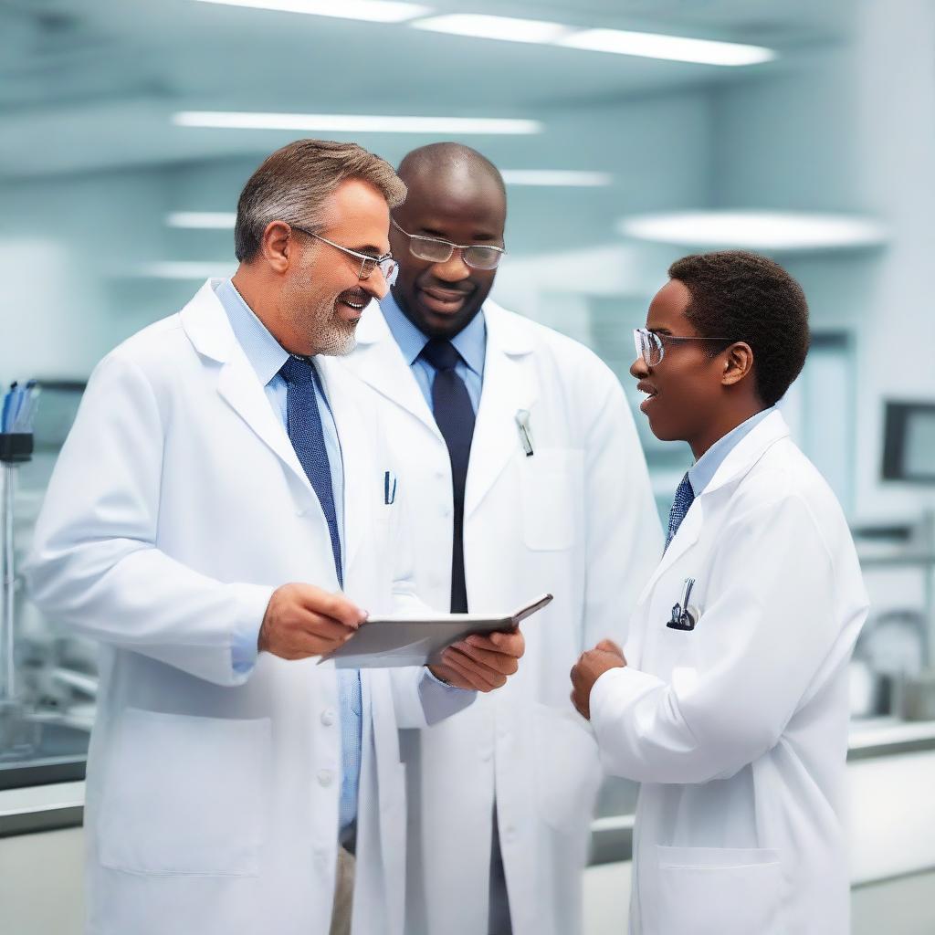 An image of a man in a white lab coat having an animated conversation with another individual in a well-equipped modern laboratory.