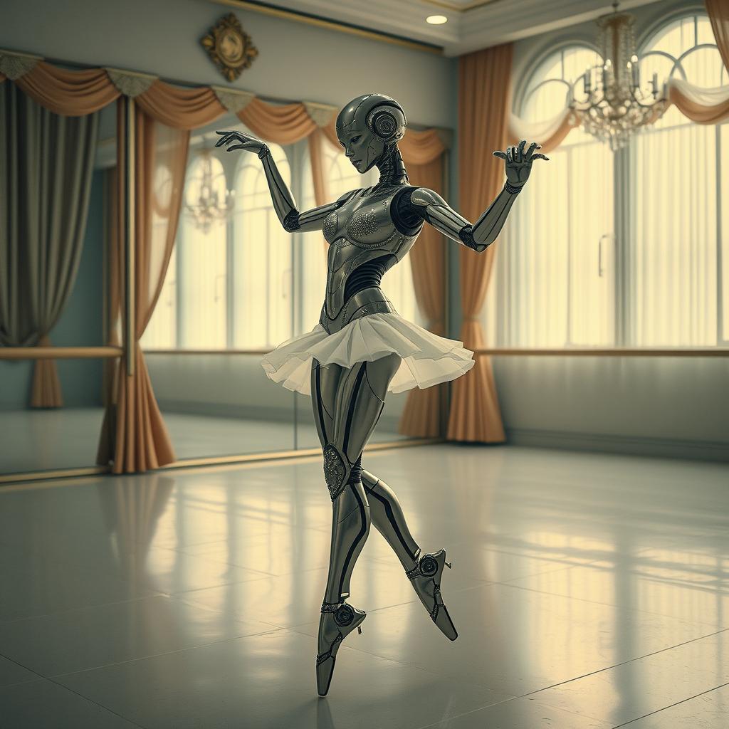 A vintage science fiction scene featuring a beautifully designed android dancing gracefully in a ballet studio