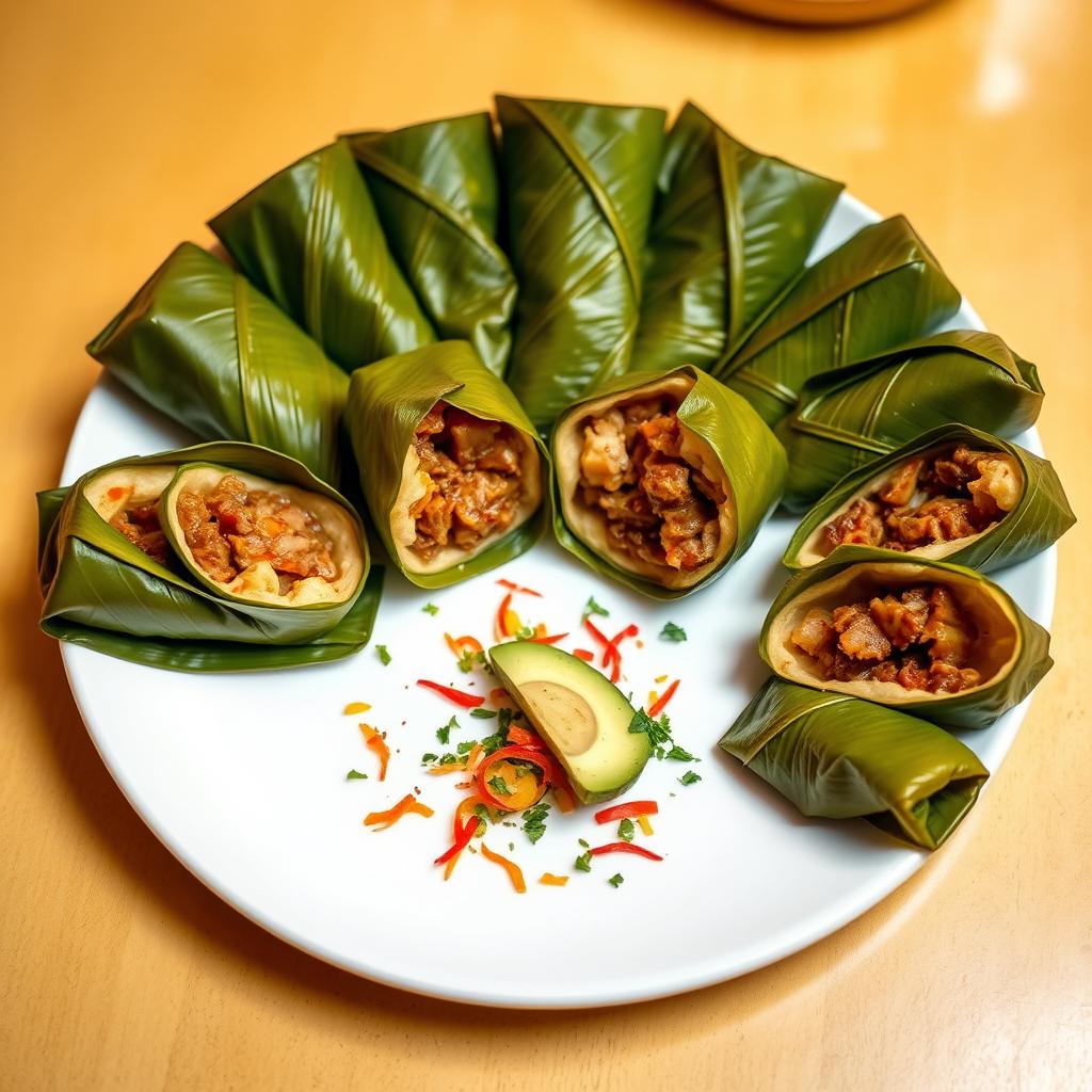A complete display of traditional Dominican pasteles en hojas elegantly plated on a white dish