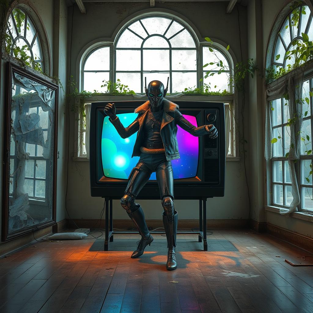 A post-apocalyptic game show scene featuring a stylish android dancing on a TV screen within a ballet studio backdrop