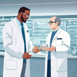 An image of a man in a white lab coat having an animated conversation with another individual in a well-equipped modern laboratory.