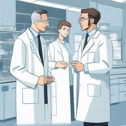 An image of a man in a white lab coat having an animated conversation with another individual in a well-equipped modern laboratory.