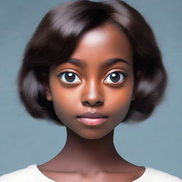 Generate an image of a person with big eyes, dark hair, small ears, a slim figure, and dark skin.