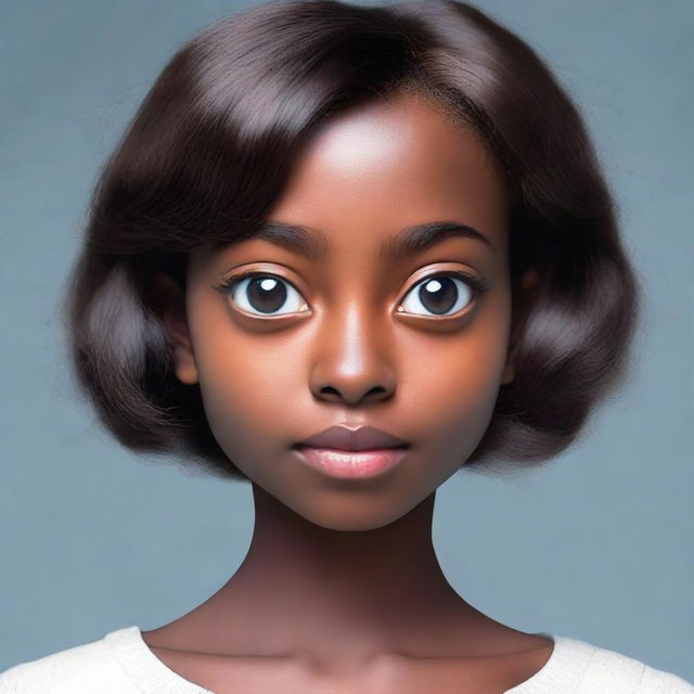 Generate an image of a person with big eyes, dark hair, small ears, a slim figure, and dark skin.