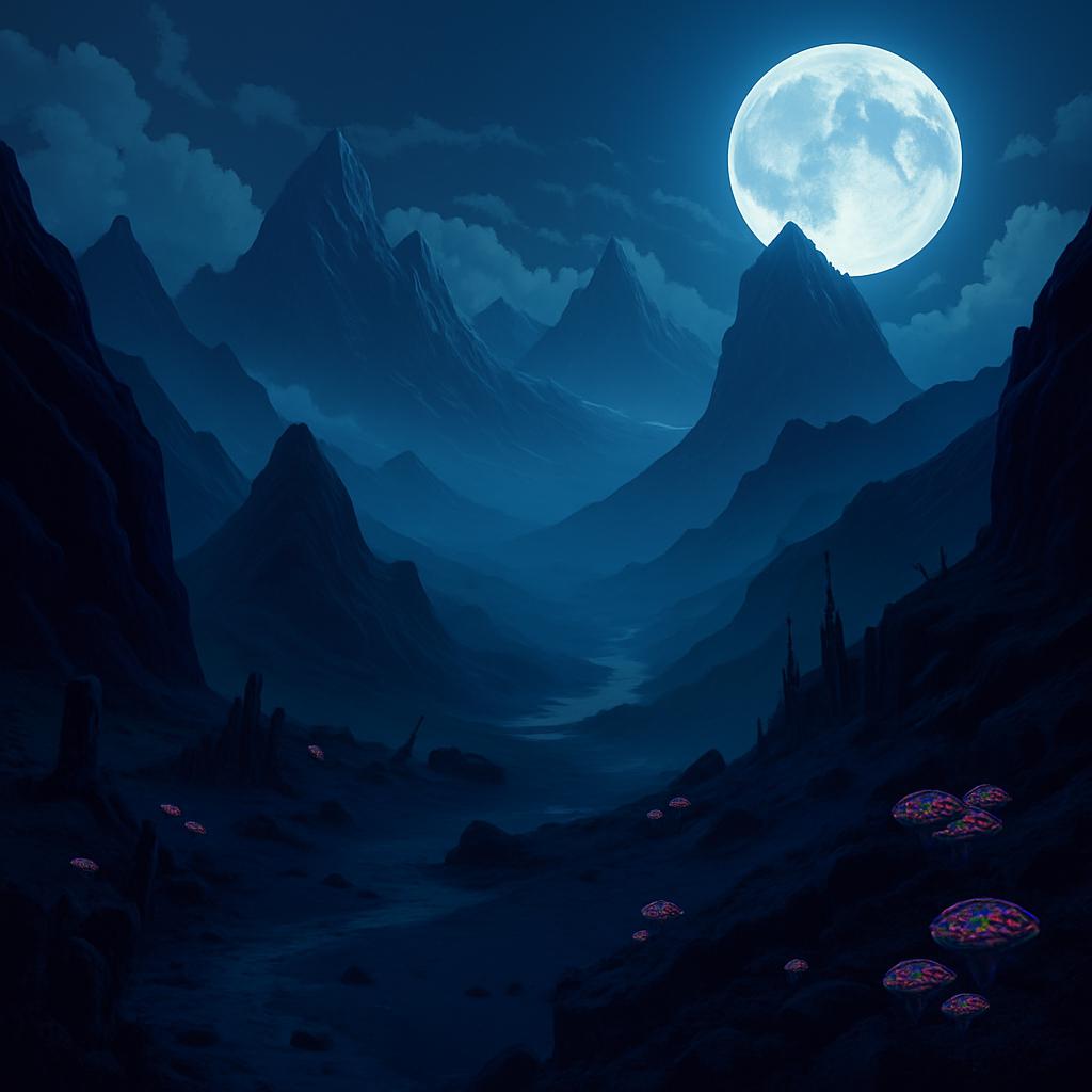A mystical night landscape featuring tall, jagged mountains shrouded in fog, illuminated by a large, full moon
