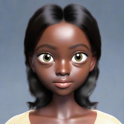 Generate an image of a person with big eyes, dark hair, small ears, a slim figure, and dark skin.