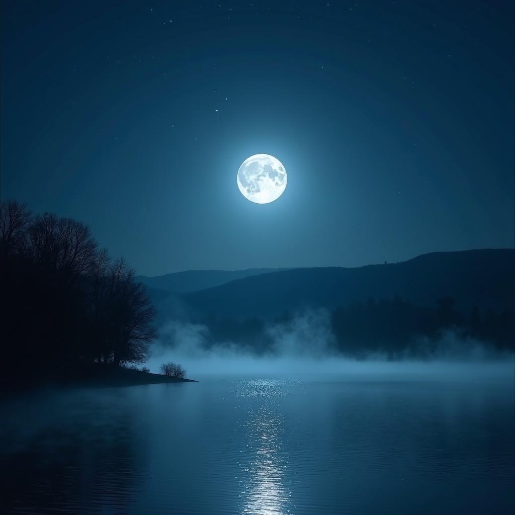 A serene landscape featuring a full moon illuminated in the night sky, casting a gentle glow over a tranquil scene