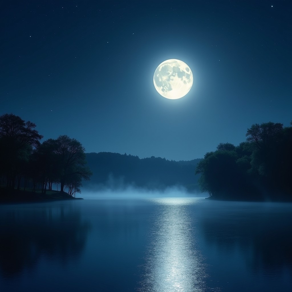 A serene landscape featuring a full moon shining brightly in the night sky, casting a silvery glow over a tranquil scene