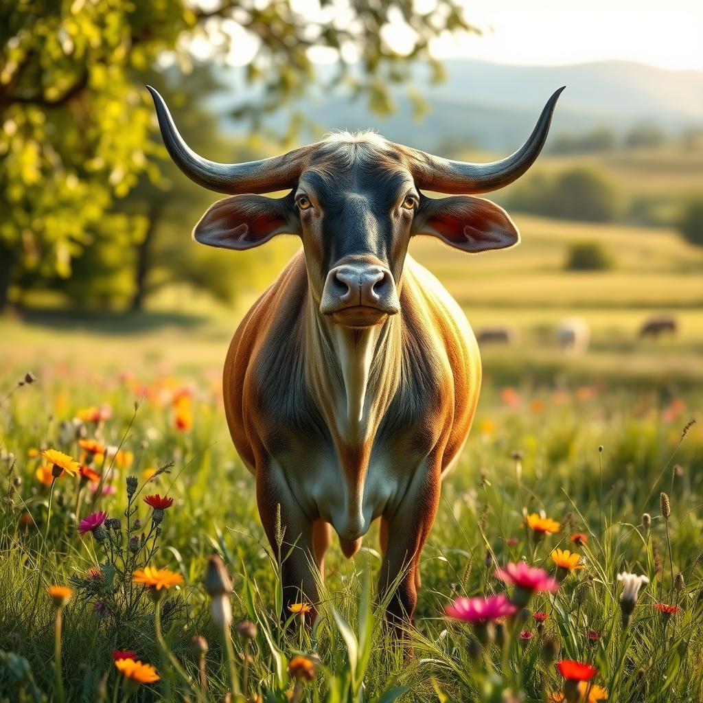 A captivating depiction of a zebu standing proudly in a lush, green landscape