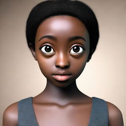 Generate an image of a person with big eyes, dark hair, small ears, a slim figure, and dark skin.