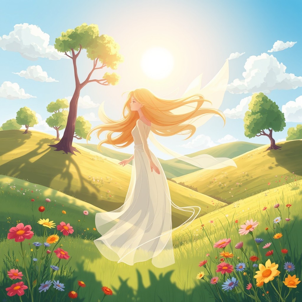A whimsical illustration of 'Zephyr', the gentle, refreshing breeze personified
