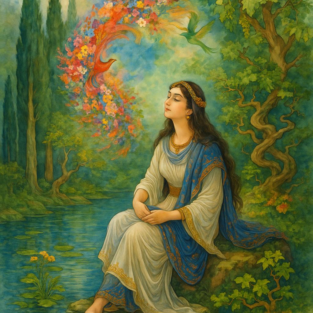Mystical and spiritual watercolor painting of a beautiful Iranian woman sitting on a rock on a beautiful and peaceful pond in a dense forest with cypress trees, plane trees, grapevines, winding bonsai trees, and a whirlwind of colorful flowers and beautiful.
