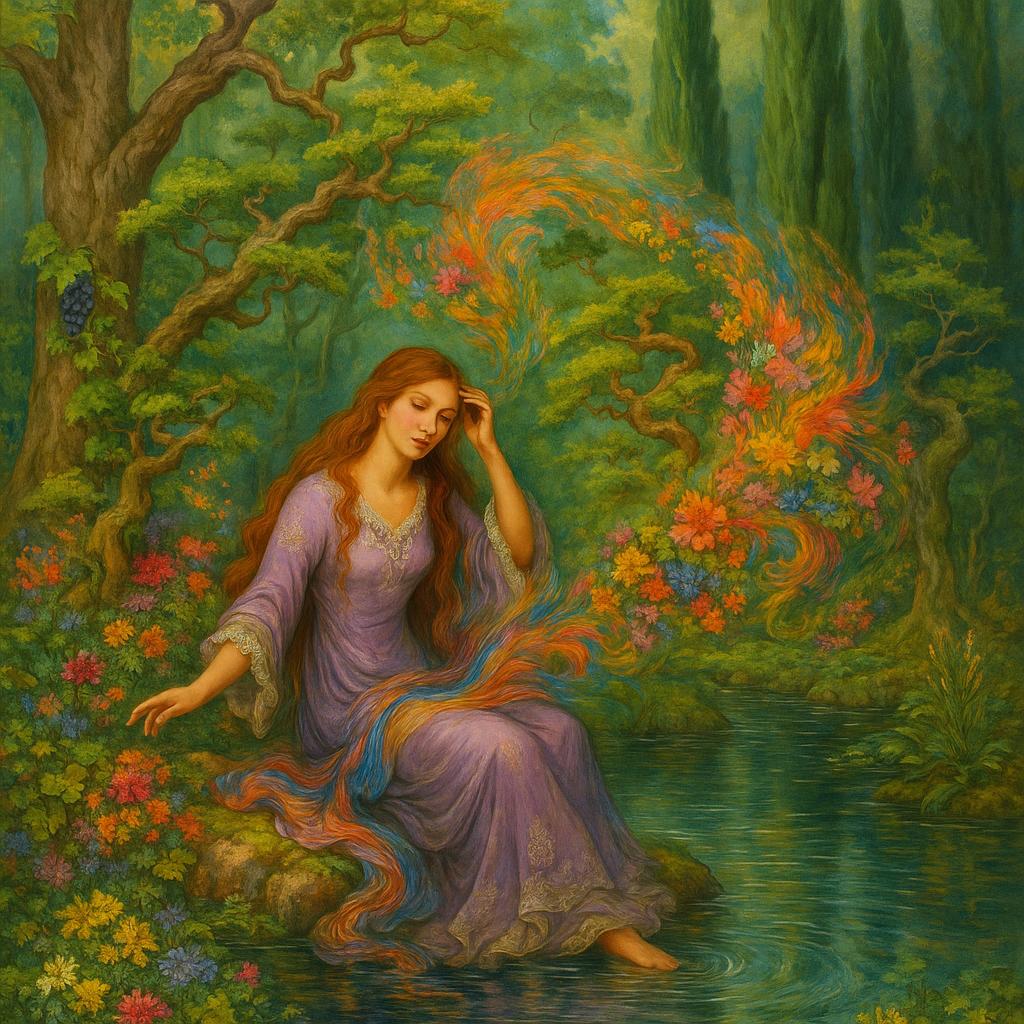 Mystical and spiritual watercolor painting of a beautiful Iranian woman sitting on a rock on a beautiful and peaceful pond in a dense forest with cypress trees, plane trees, grapevines, winding bonsai trees, and a whirlwind of colorful flowers and beautiful.