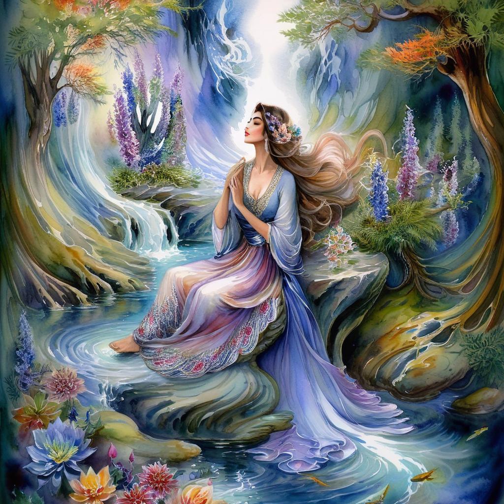 Mystical and spiritual watercolor painting of a beautiful Iranian woman sitting on a rock on a beautiful and peaceful pond in a dense forest with cypress trees, plane trees, grapevines, winding bonsai trees, and a whirlwind of colorful flowers and beautiful.