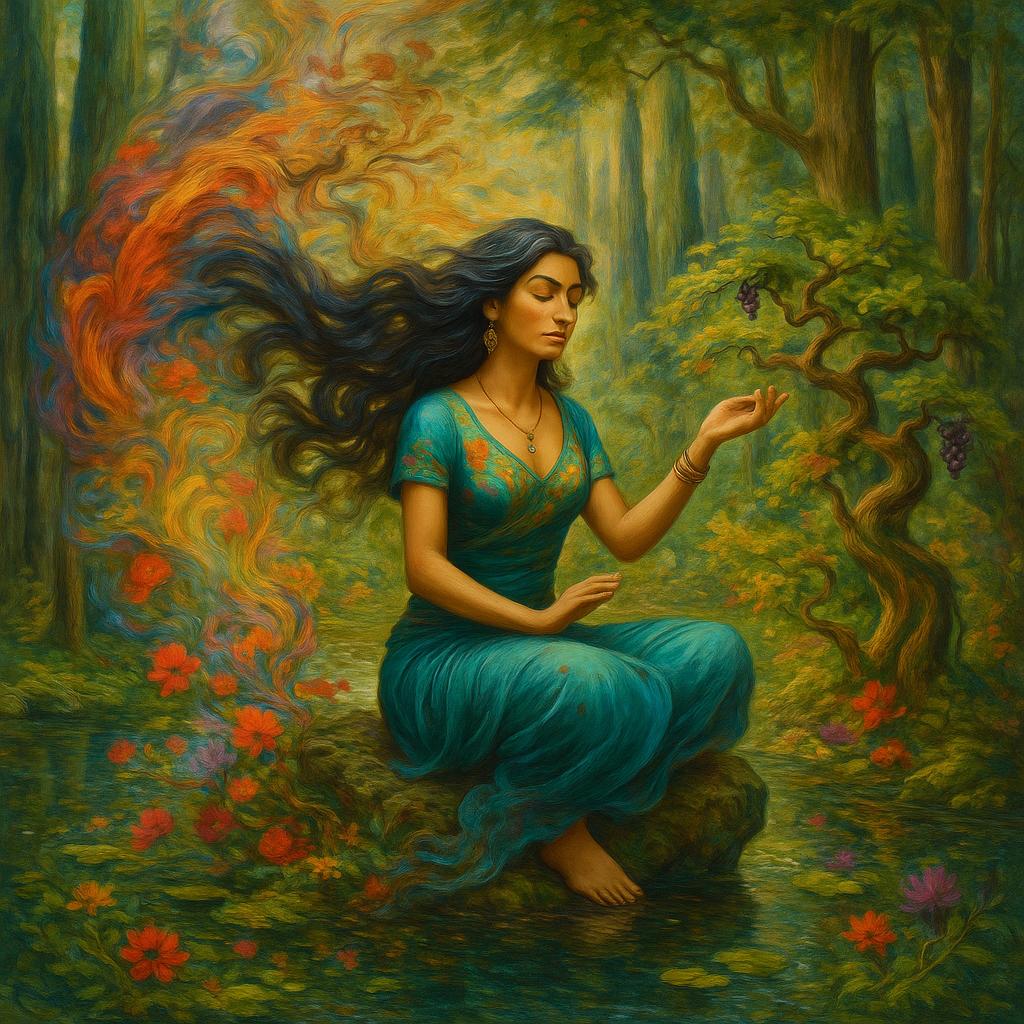Mystical and spiritual watercolor painting of a beautiful Iranian woman sitting on a rock on a beautiful and peaceful pond in a dense forest with cypress trees, plane trees, grapevines, winding bonsai trees, and a whirlwind of colorful flowers and beautiful.