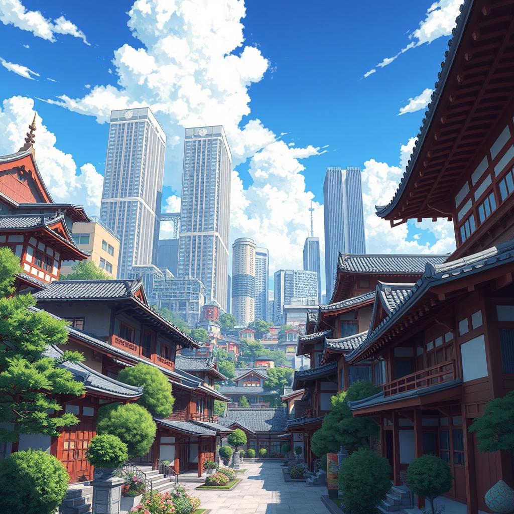 A stunning anime-style illustration showcasing traditional Japanese buildings nestled within a sprawling urban environment