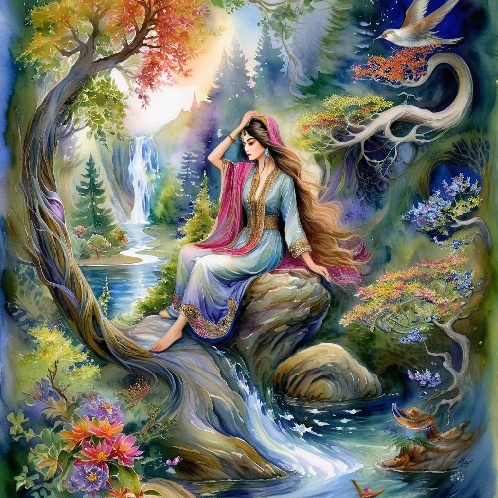 Mystical and spiritual watercolor painting of a beautiful Iranian woman sitting on a rock on a beautiful and peaceful pond in a dense forest with cypress trees, plane trees, grapevines, winding bonsai trees, and a whirlwind of colorful flowers and beautiful.