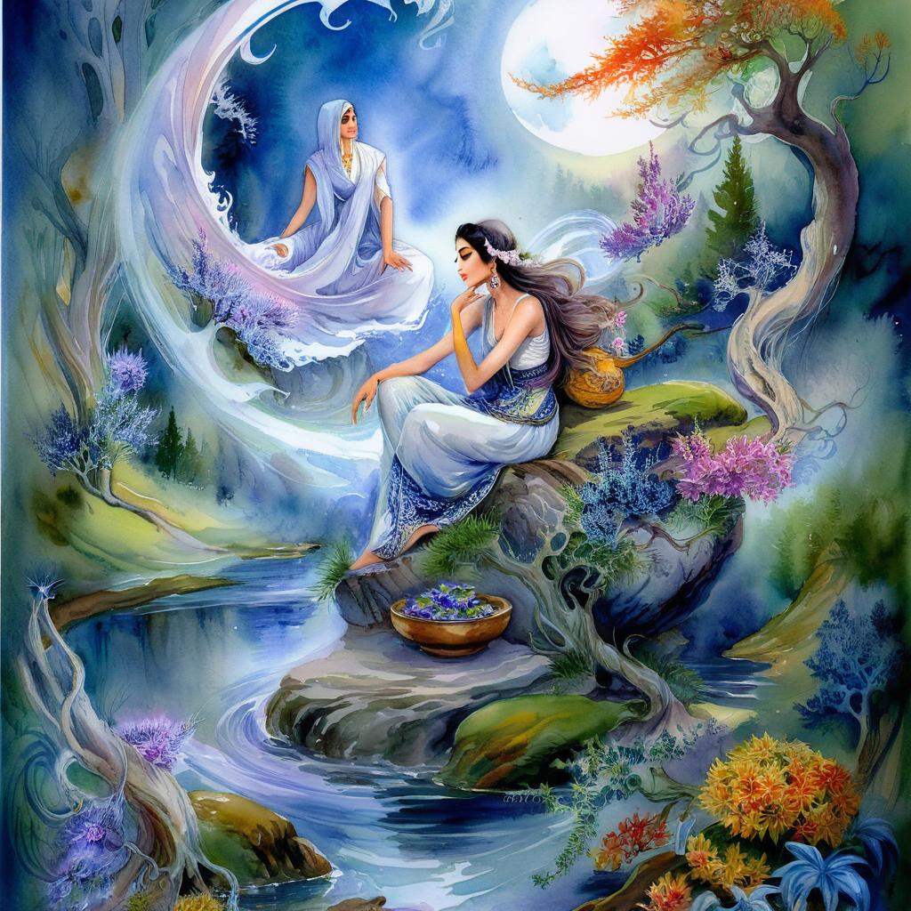 Mystical and spiritual watercolor painting of a beautiful Iranian woman sitting on a rock on a beautiful and peaceful pond in a dense forest with cypress trees, plane trees, grapevines, winding bonsai trees, and a whirlwind of colorful flowers and beautiful.