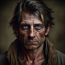 Generate an image of a man with strikingly big eyes, dark hair, small ears, and a slim physique. He appears to be around 40 years old, dressed in tattered, old clothing.