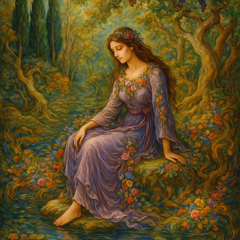 Mystical and spiritual watercolor painting of a beautiful Iranian woman sitting on a rock on a beautiful and peaceful pond in a dense forest with cypress trees, plane trees, grapevines, winding bonsai trees, and a whirlwind of colorful flowers and beautiful.