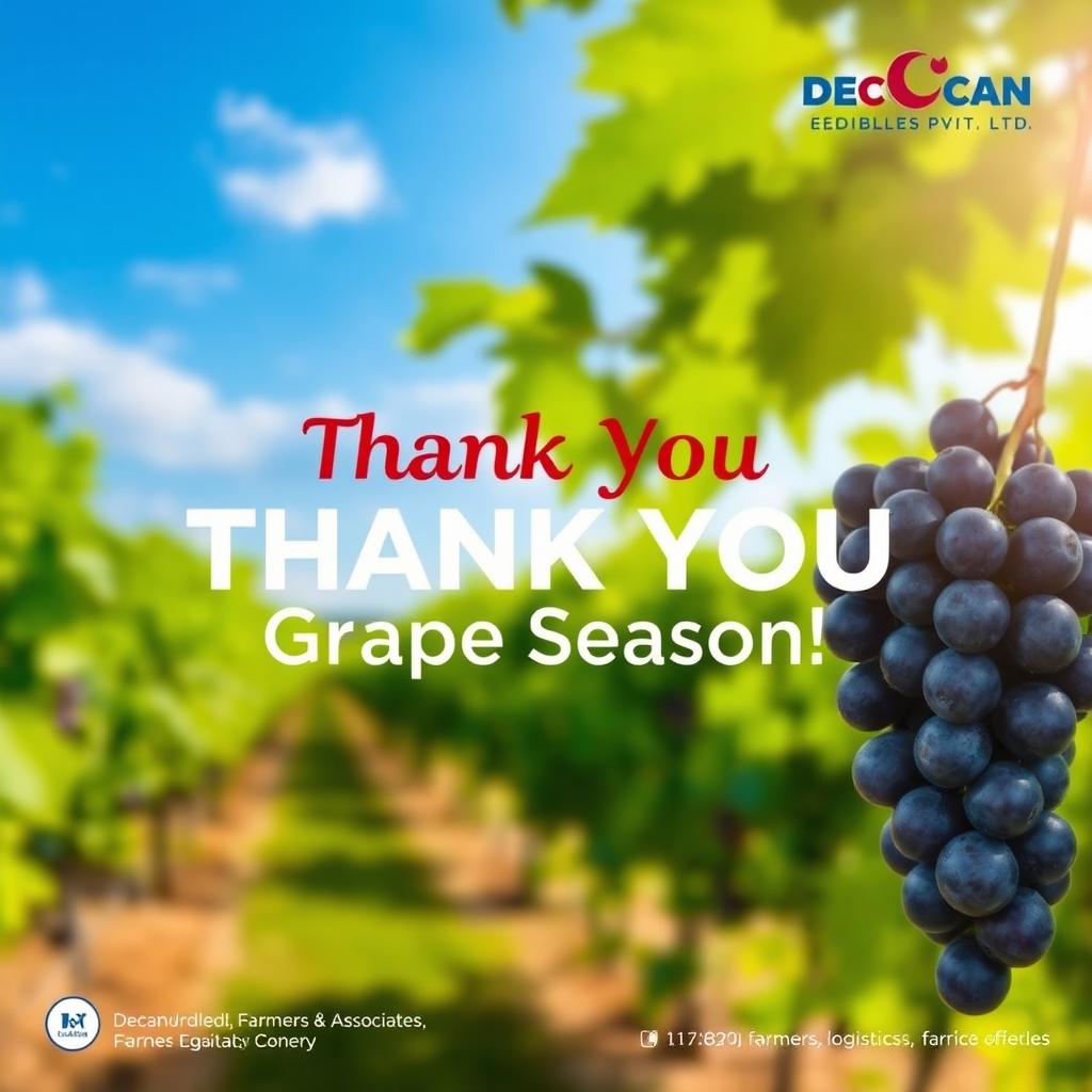 A heartfelt thank you image for Deccan Edibles Pvt Ltd, showcasing Indian grapes prominently in the foreground, symbolizing the conclusion of the grape season