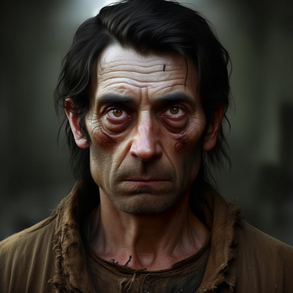 Generate an image of a man with strikingly big eyes, dark hair, small ears, and a slim physique. He appears to be around 40 years old, dressed in tattered, old clothing.