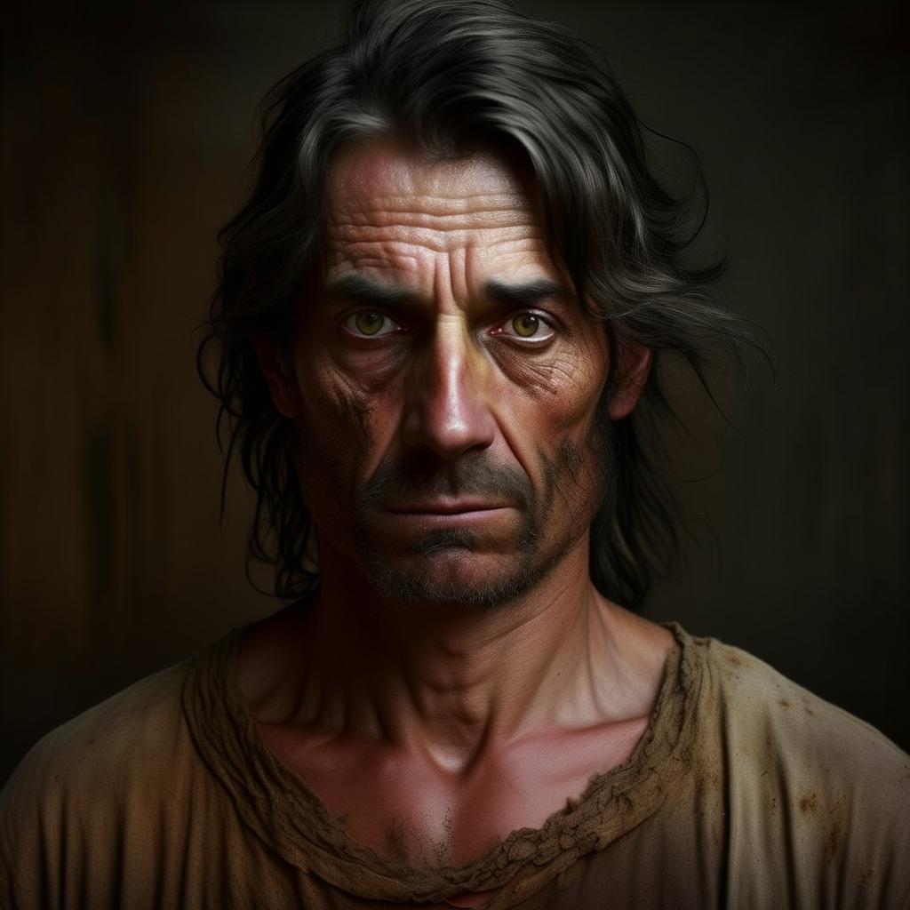 Generate an image of a man with strikingly big eyes, dark hair, small ears, and a slim physique. He appears to be around 40 years old, dressed in tattered, old clothing.