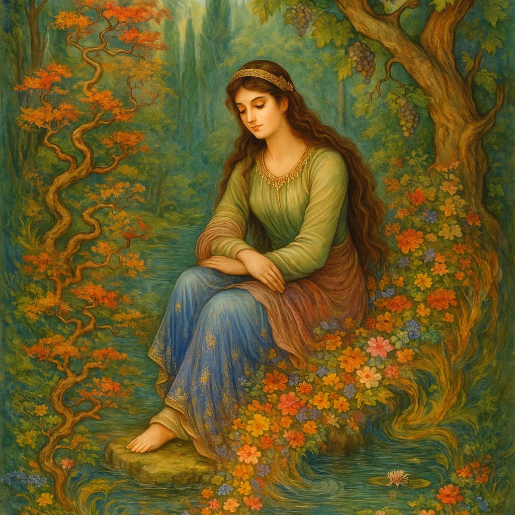Mystical and spiritual watercolor painting of a beautiful Iranian woman sitting on a rock on a beautiful and peaceful pond in a dense forest with cypress trees, plane trees, grapevines, winding bonsai trees, and a whirlwind of colorful flowers and beautiful.