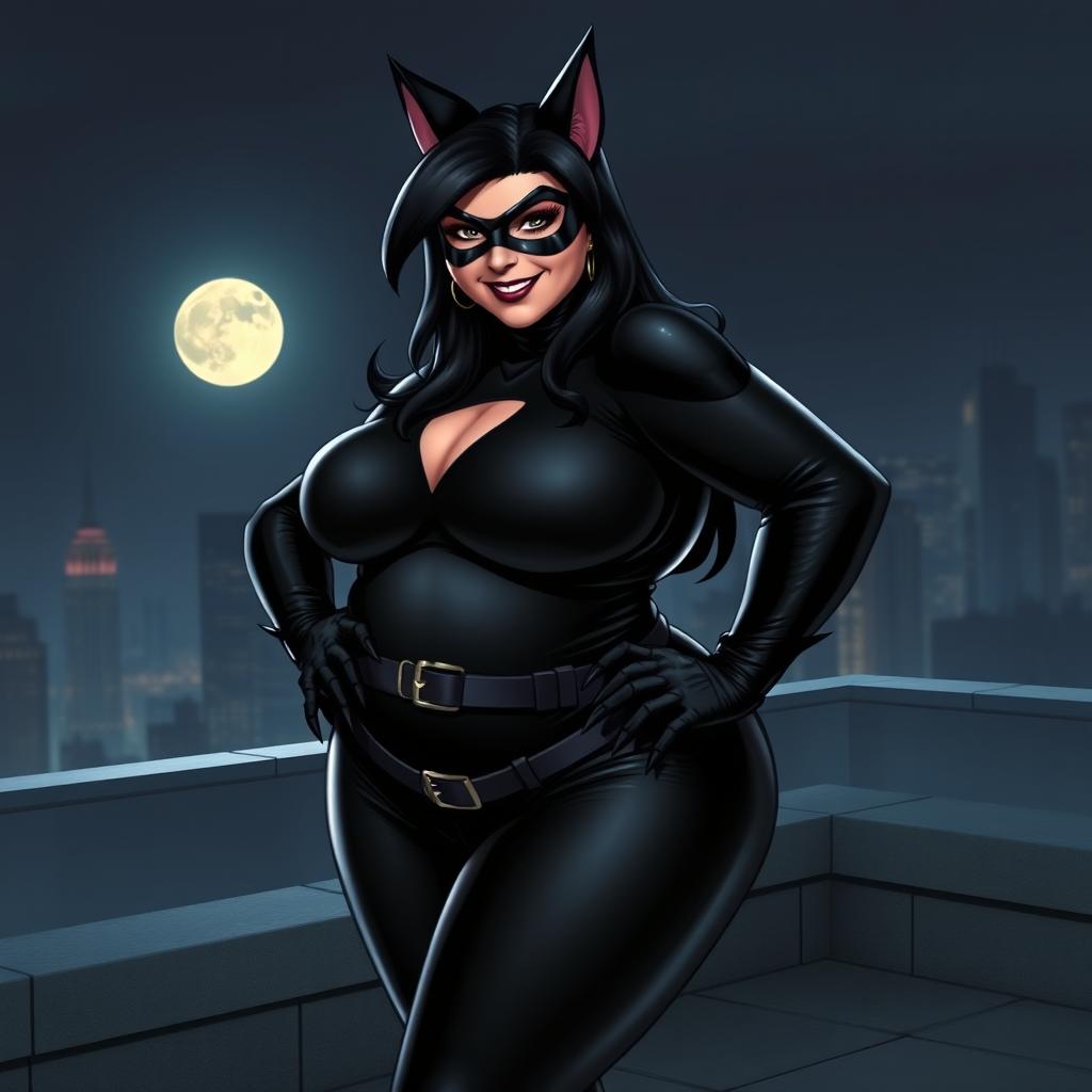 A chubby Catwoman in a sleek black catsuit, playfully posed with a confident expression