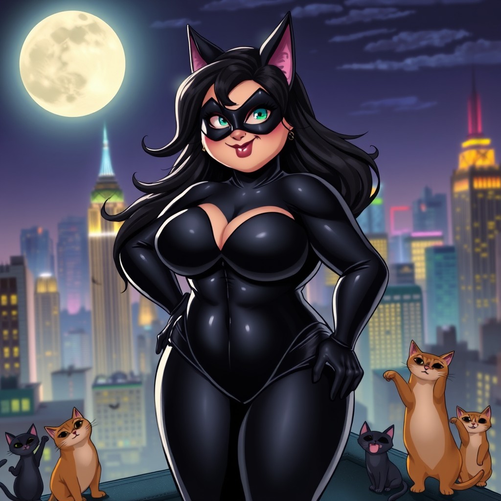 A chubby Catwoman with striking features, wearing a shiny black catsuit that highlights her curves