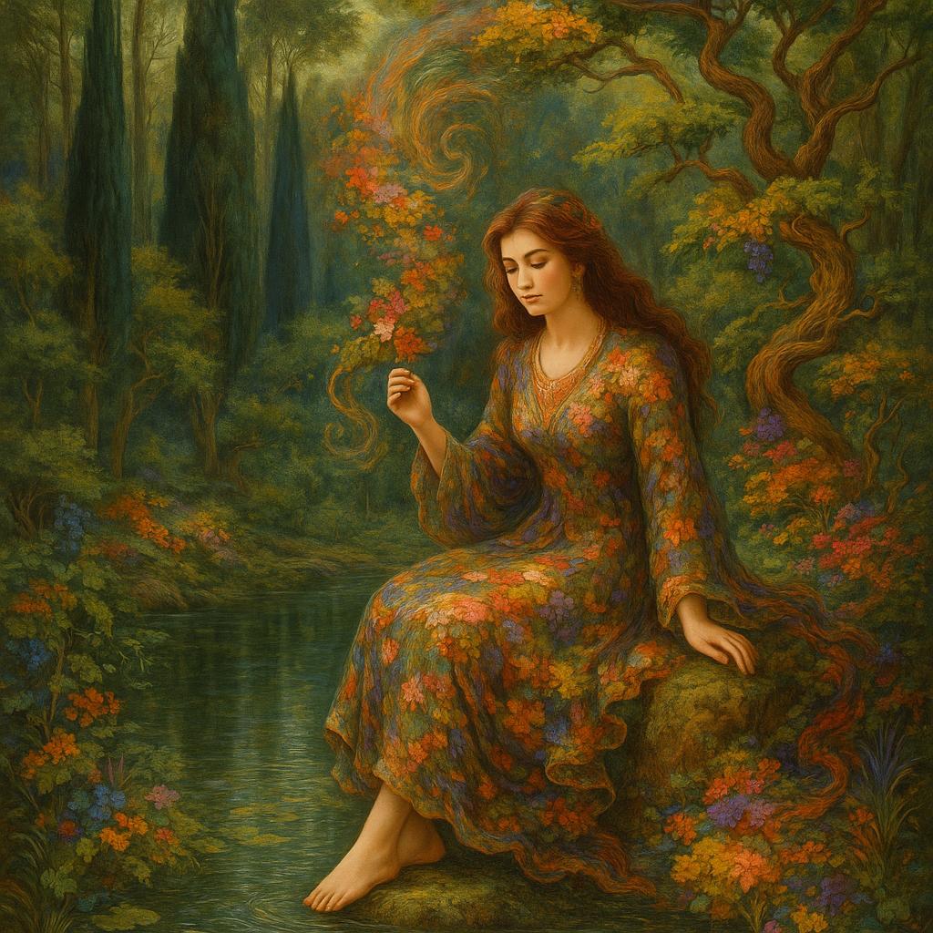 Mystical and spiritual watercolor painting of a beautiful Iranian woman sitting on a rock on a beautiful and peaceful pond in a dense forest with cypress trees, plane trees, grapevines, winding bonsai trees, and a whirlwind of colorful flowers and beautiful.