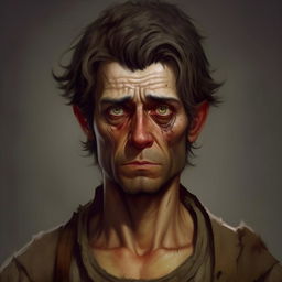 Generate an image of a man with strikingly big eyes, dark hair, small ears, and a slim physique. He appears to be around 40 years old, dressed in tattered, old clothing.