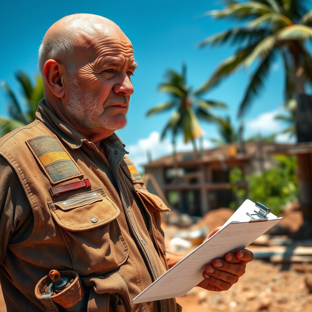 A weathered and crusty old construction supervisor with a completely bald head, showcasing deep wrinkles and a rugged face