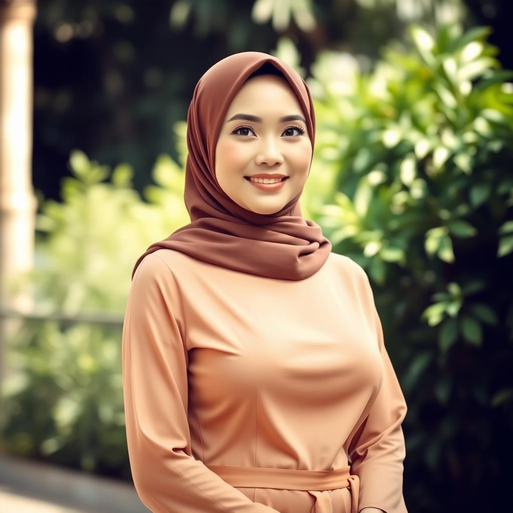 A beautiful Indonesian woman wearing a hijab, with a confident and elegant posture, showcasing her large bust