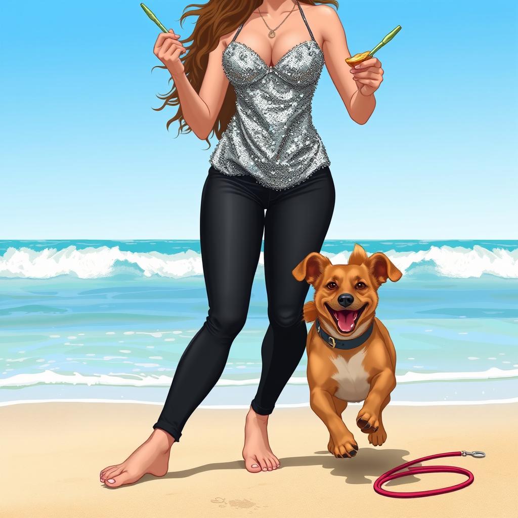 A cartoon-style yet realistic image of a woman on a beach, without palm trees