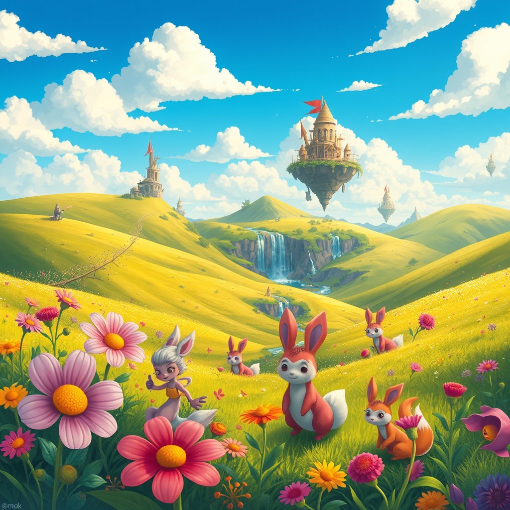 A vibrant and whimsical illustration of a fantastical world called Semok, featuring lush, rolling hills under a bright blue sky filled with fluffy clouds